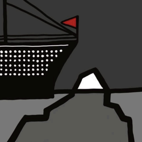 An illustration of the titanic about to hit an iceberg