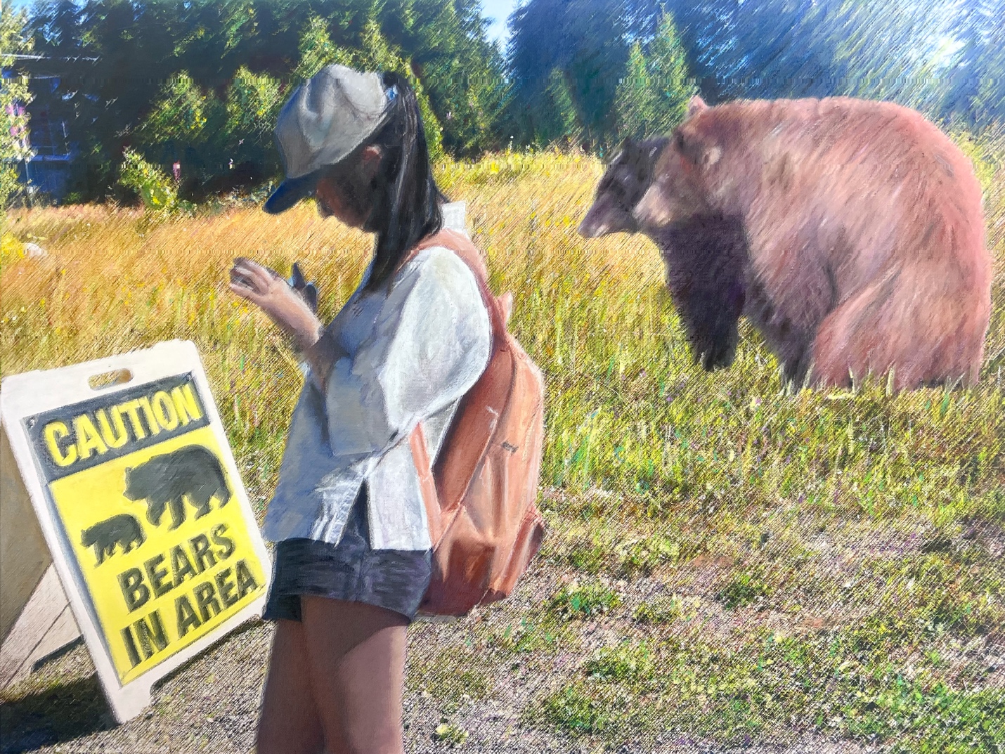 A painting of a person on their phone, ignoring a "bears in area" sign with a bear behind it