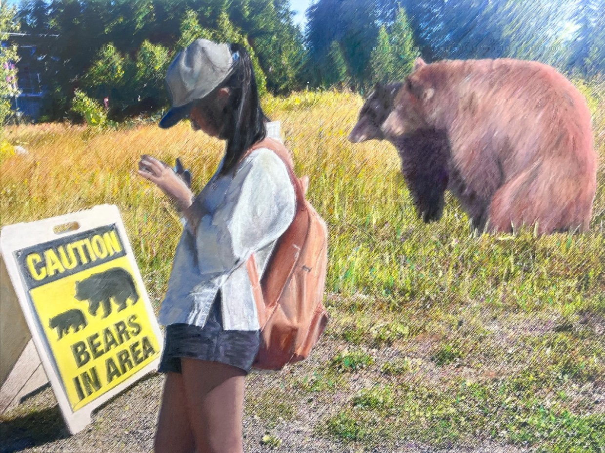 A painting of a person on their phone, ignoring a "bears in area" sign with a bear behind it