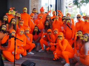 A group of people dressed as the lorax