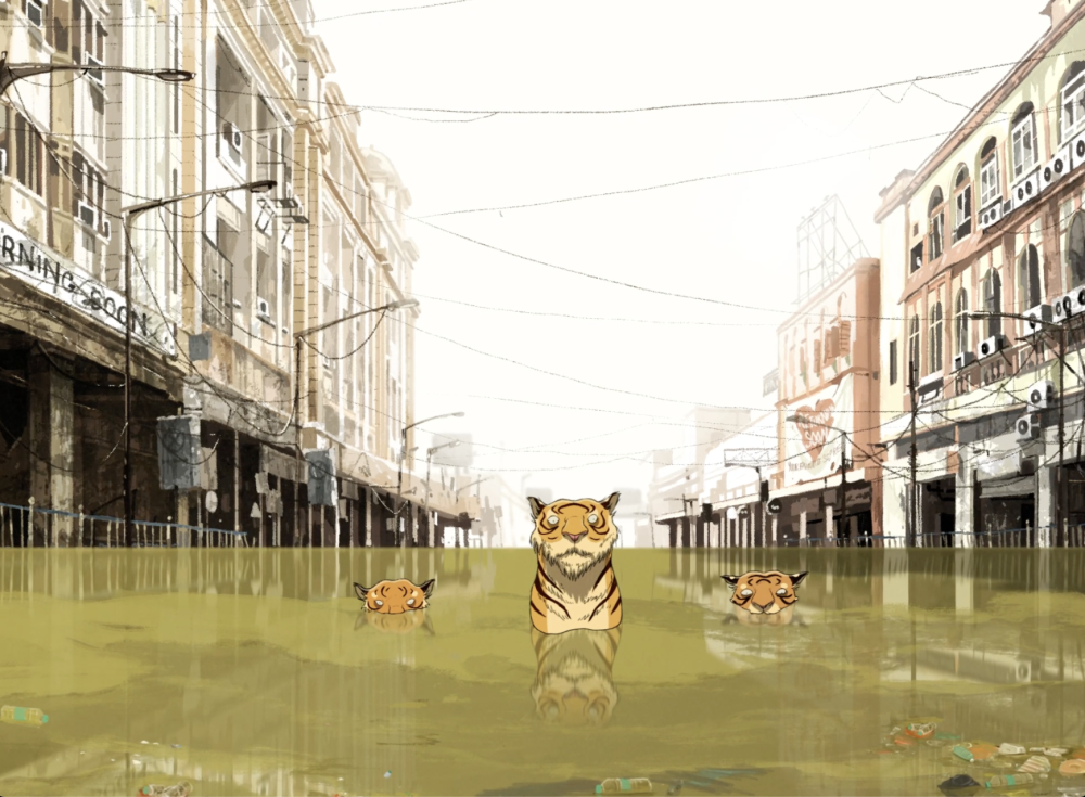 Animation of a tiger in dirty water