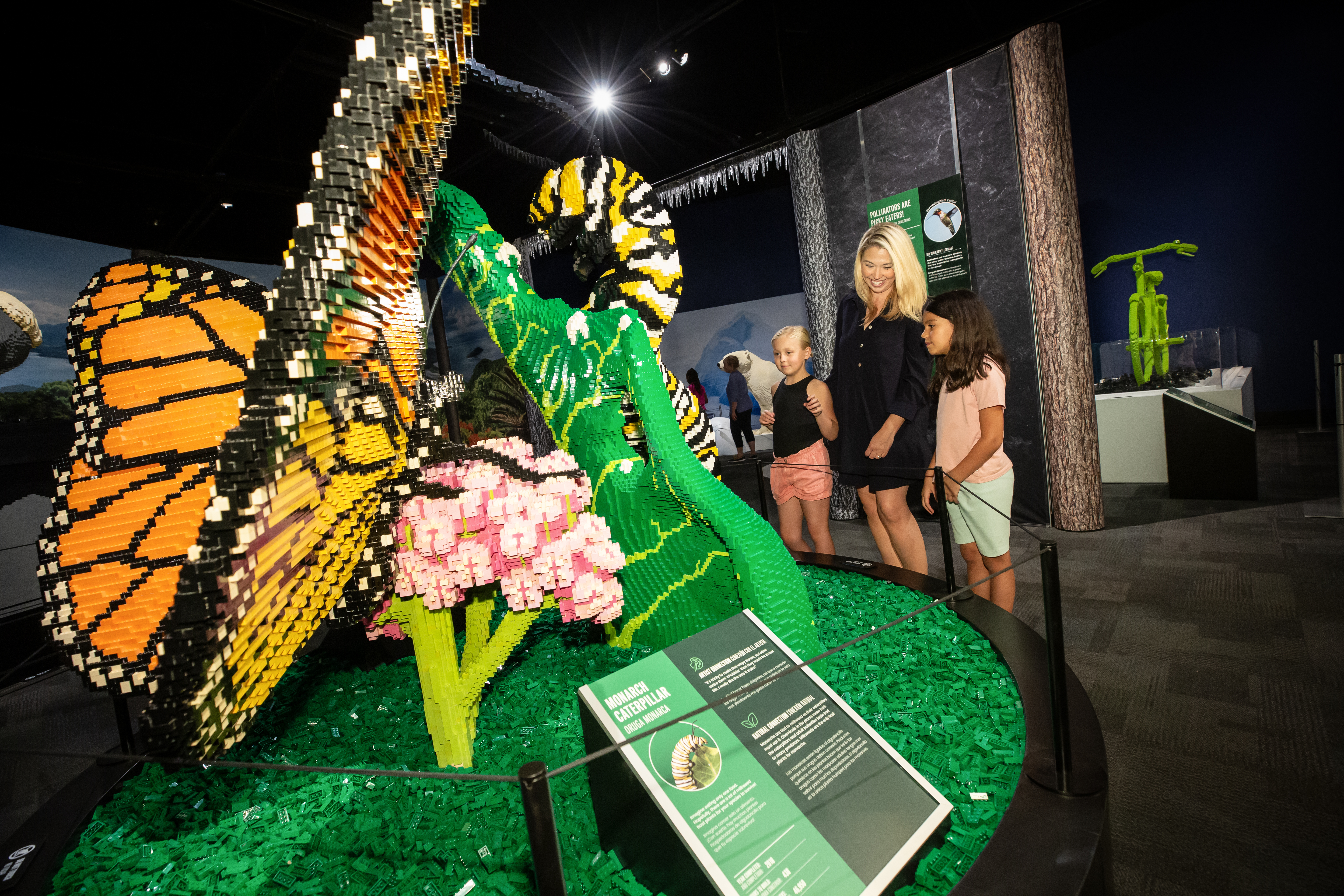 A butterfly and caterpillar made out of LEGOs.