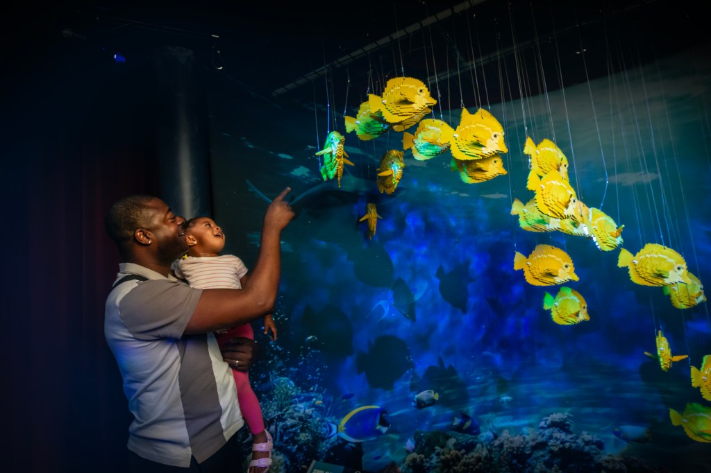 People look at yellow fish made out of LEGOs.