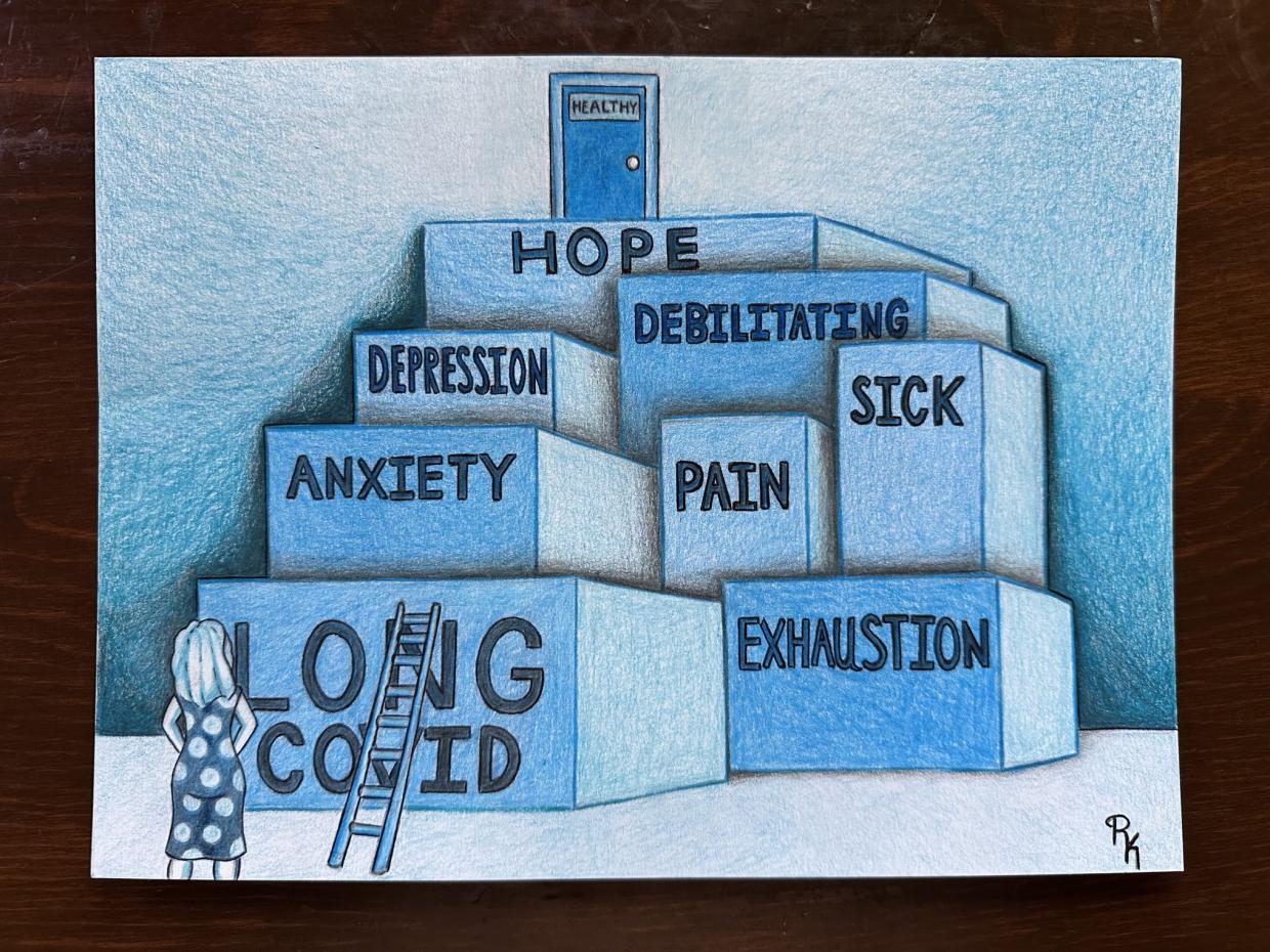 A drawing of a woman with a ladder resting on a block labeled "Long COID," which is a long way from "Healthy" at the top.