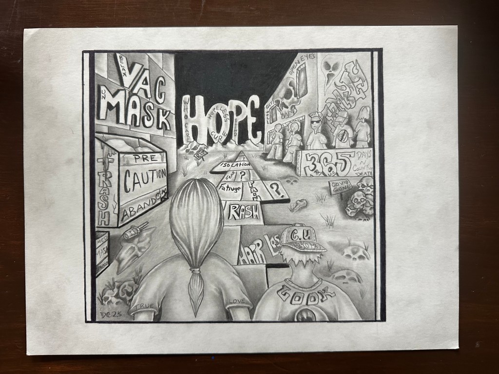 A drawing of two people looking out at hope in the distance, surrounded by words about the pandemic.