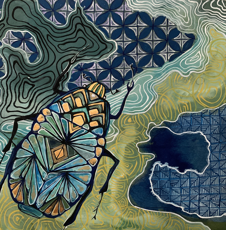green and blue artwork of a beetle