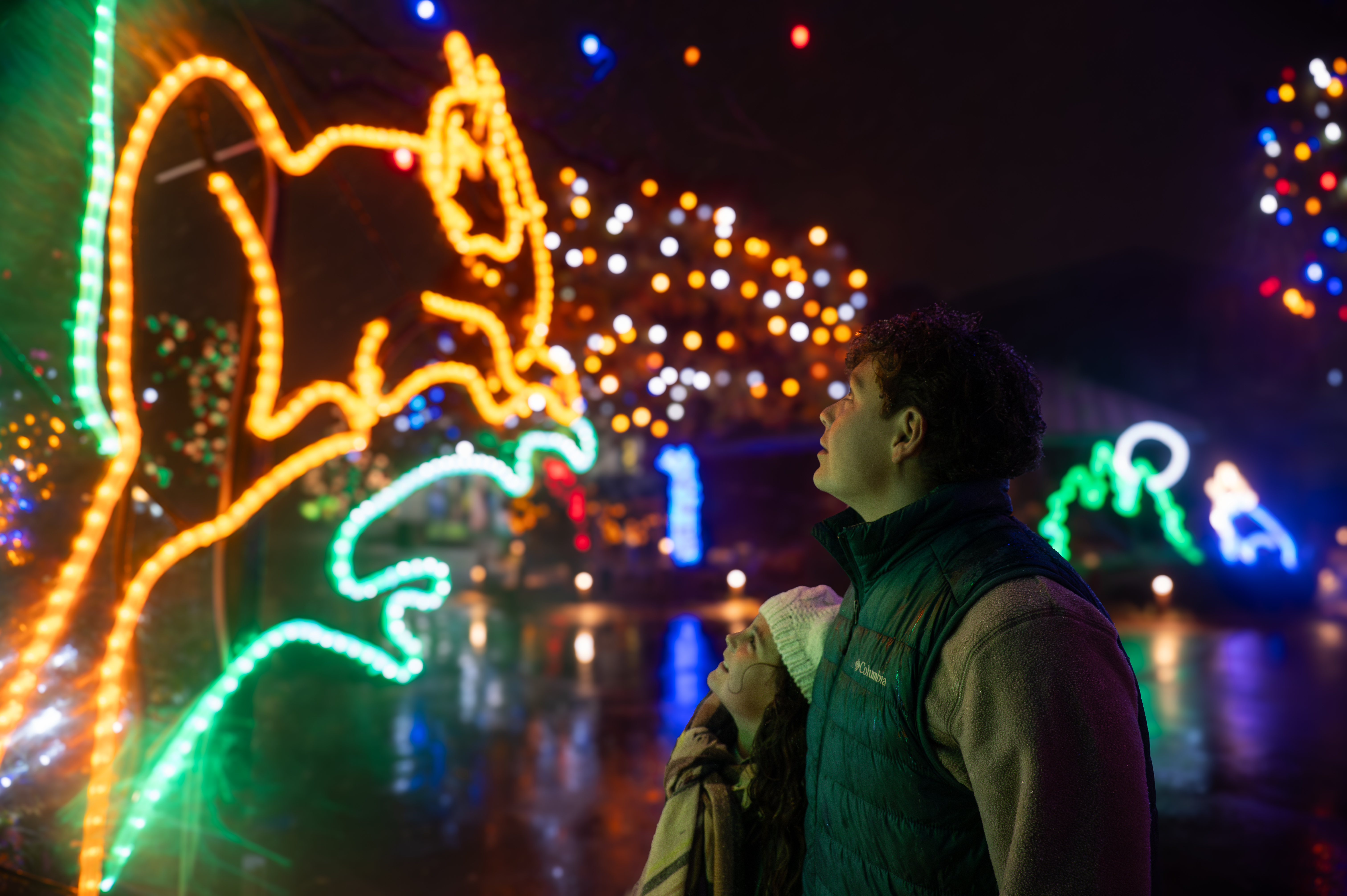 Two children looking up at a glowing Zoo Lights display