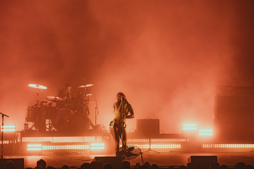 Wet Leg frontwoman Rhian Teasdale on stage at Mission Ballroom in Denver, Colorado.