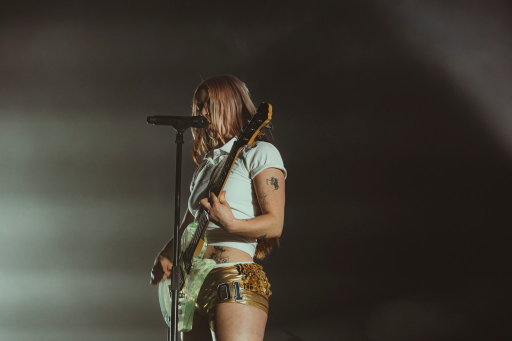 Wet Leg frontwoman Rhian Teasdale on stage at Mission Ballroom in Denver, Colorado.