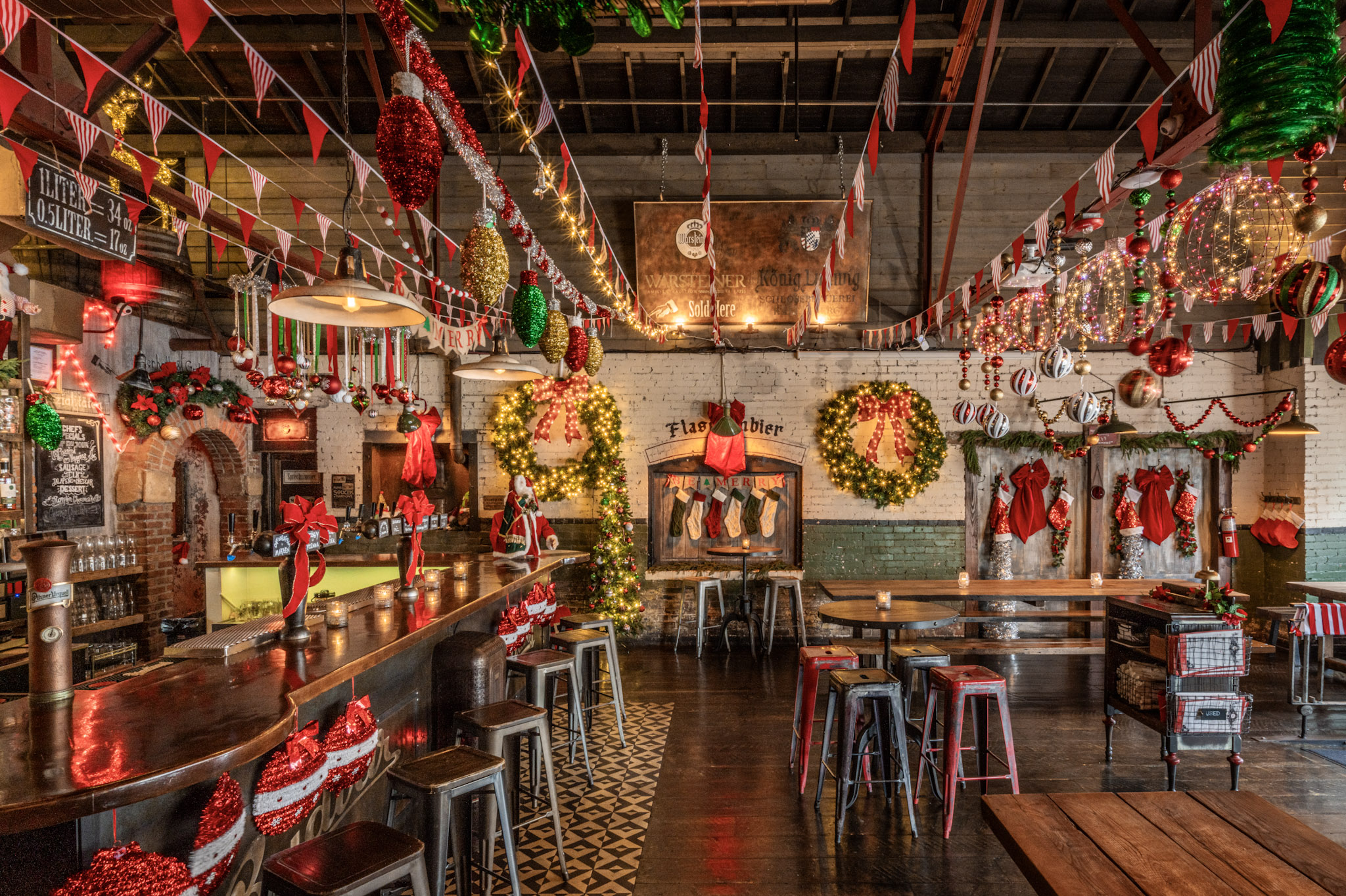 bar decorated for Christmas