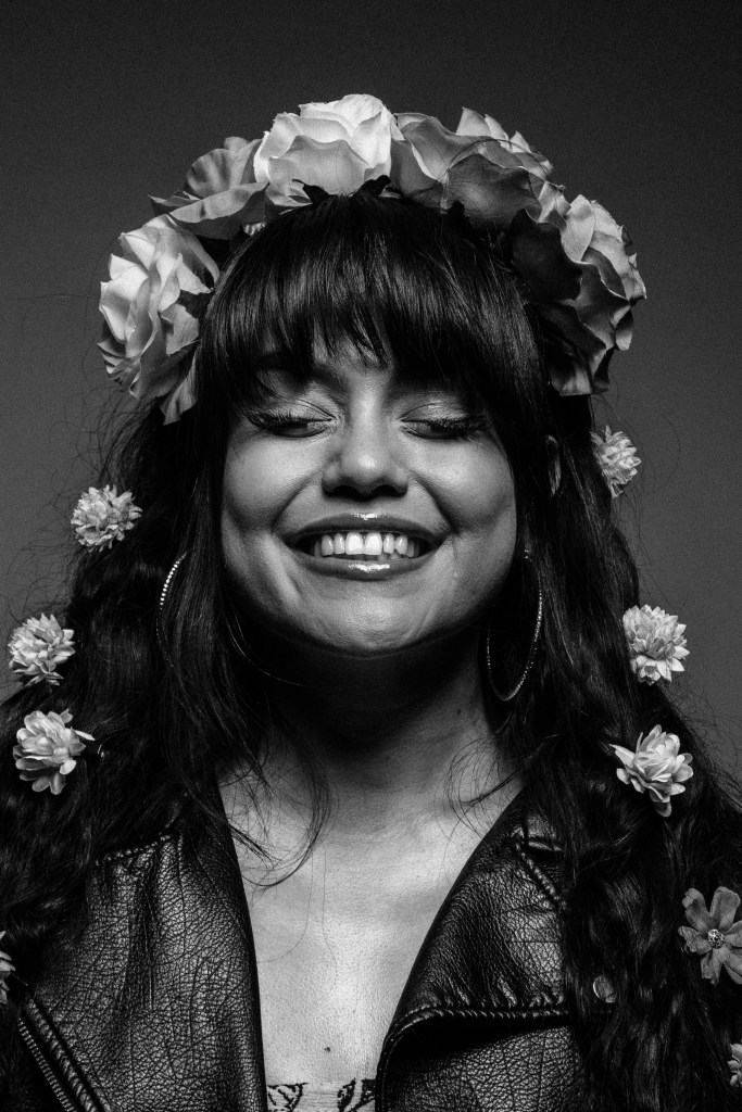 woman in flower head dress