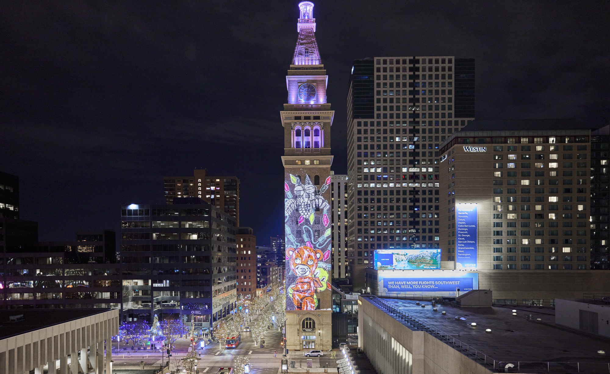 Tower with animated winter images on it.