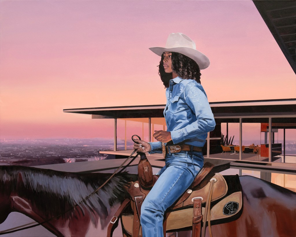 Painting of woman on a horse near a fancy house.