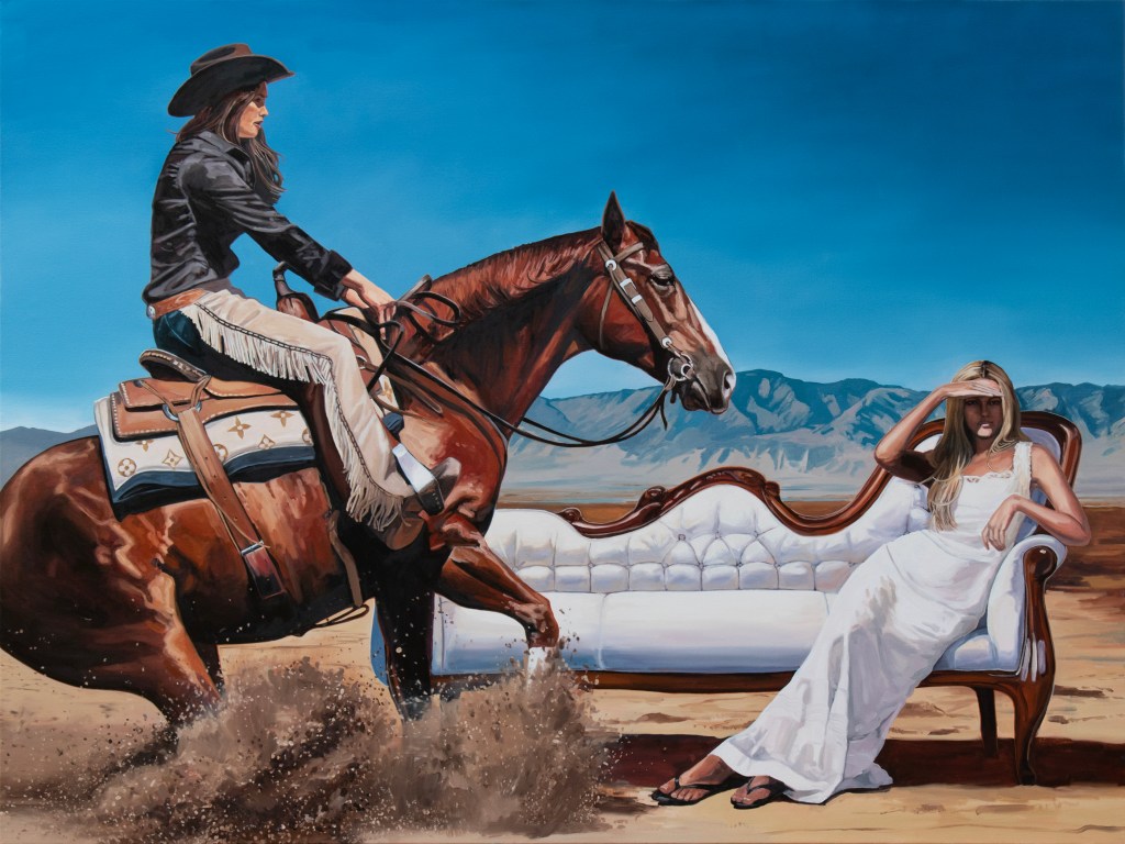 Painting of a cowboy riding past a woman on a white couch.