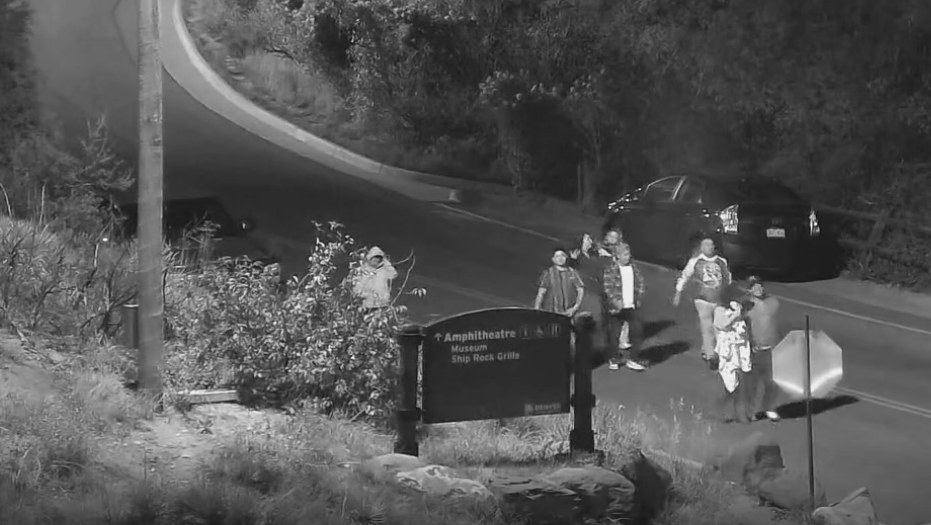 people walking through Red Rocks park at night