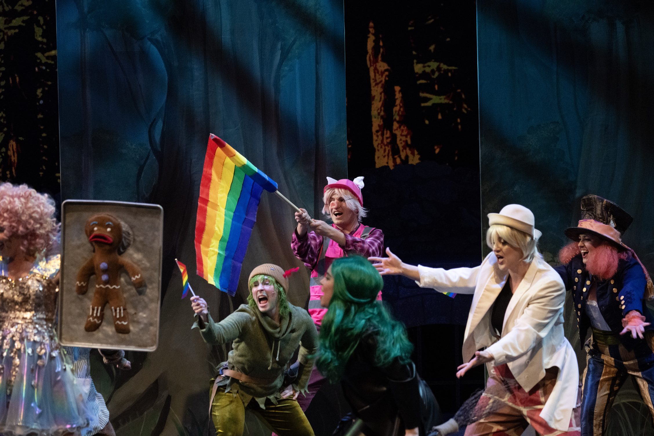 The ensemble of Shrek the Musical performs "Freak Flag" with Pride flags