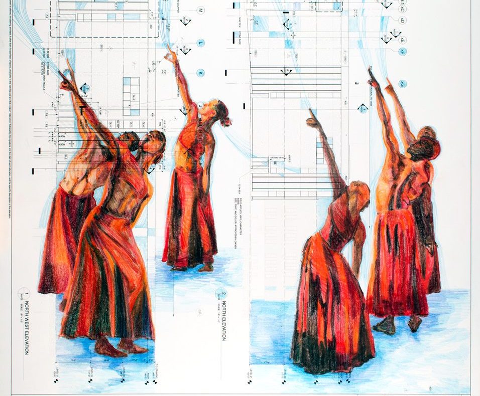 a colored pencil drawing of dancers pointing up