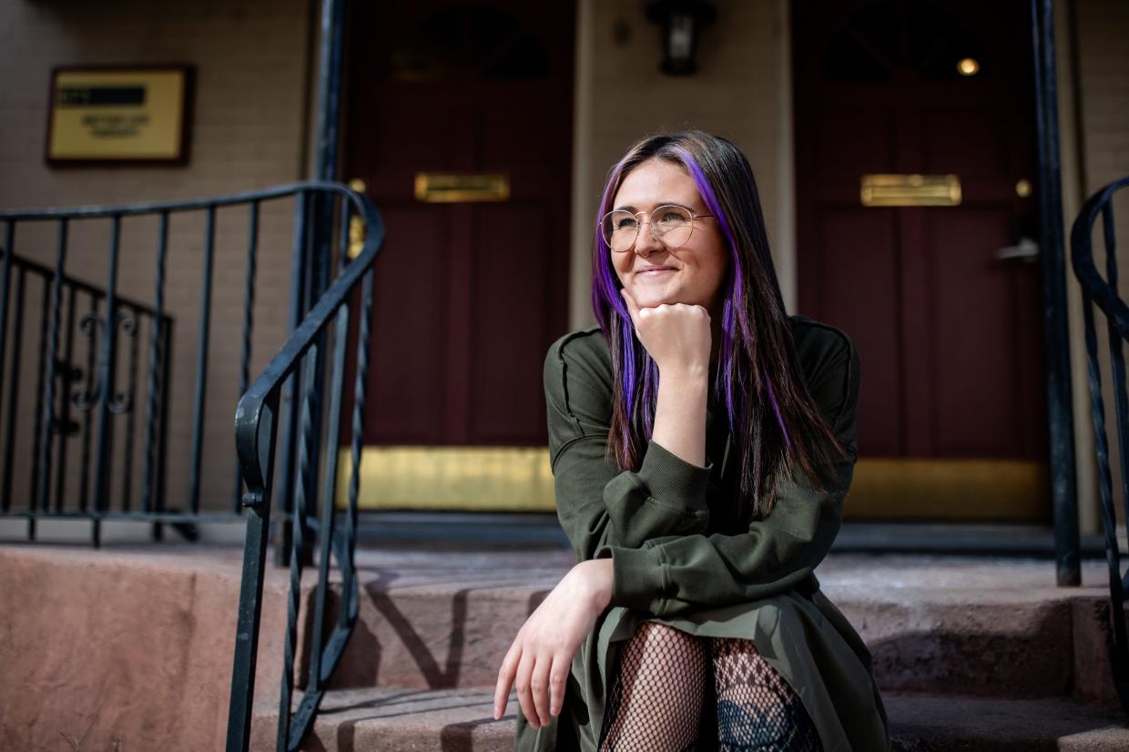 student on steps
