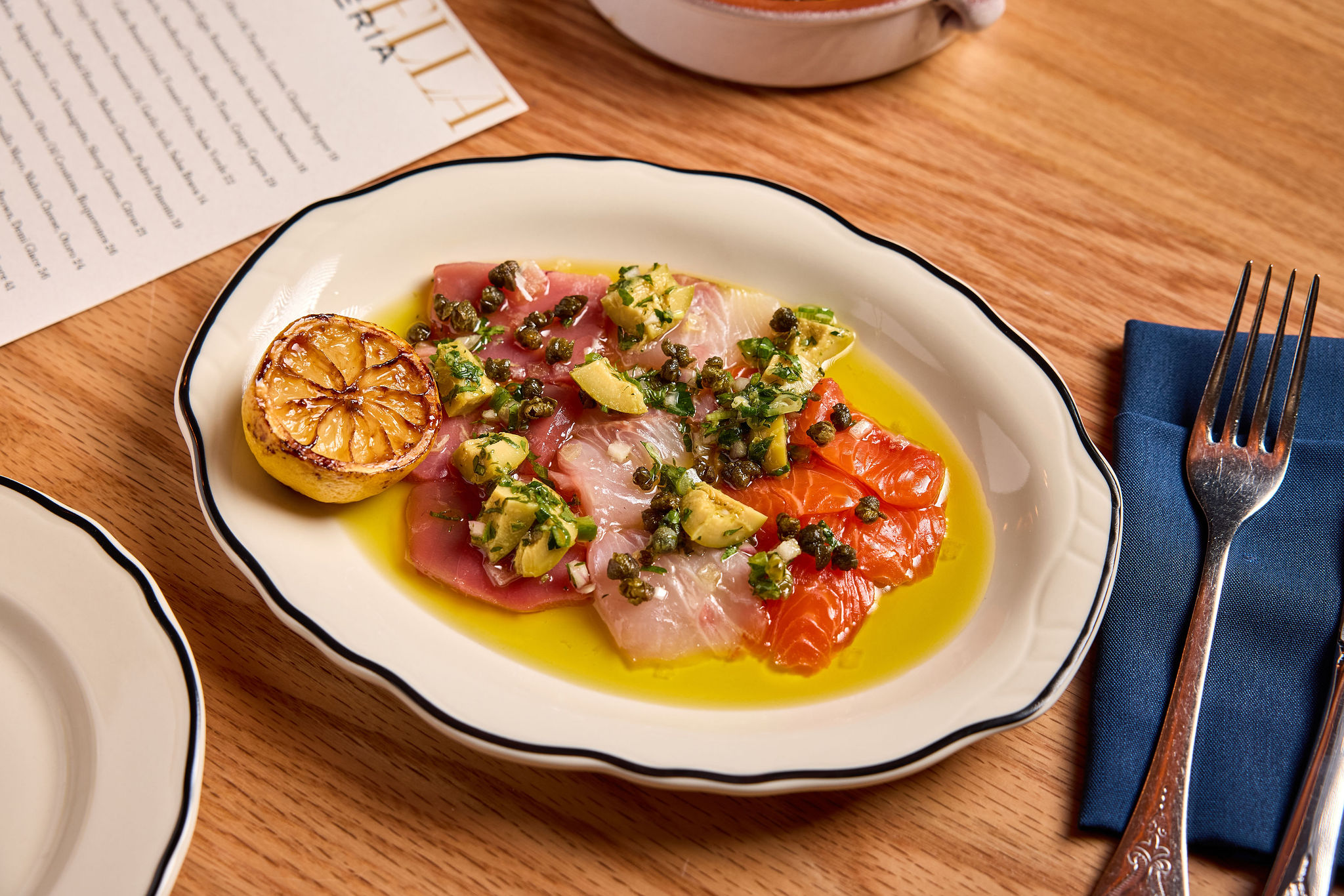 Hawaiian Kanpachi, Steelhead Trout, Bluefin Tuna, crispy capers