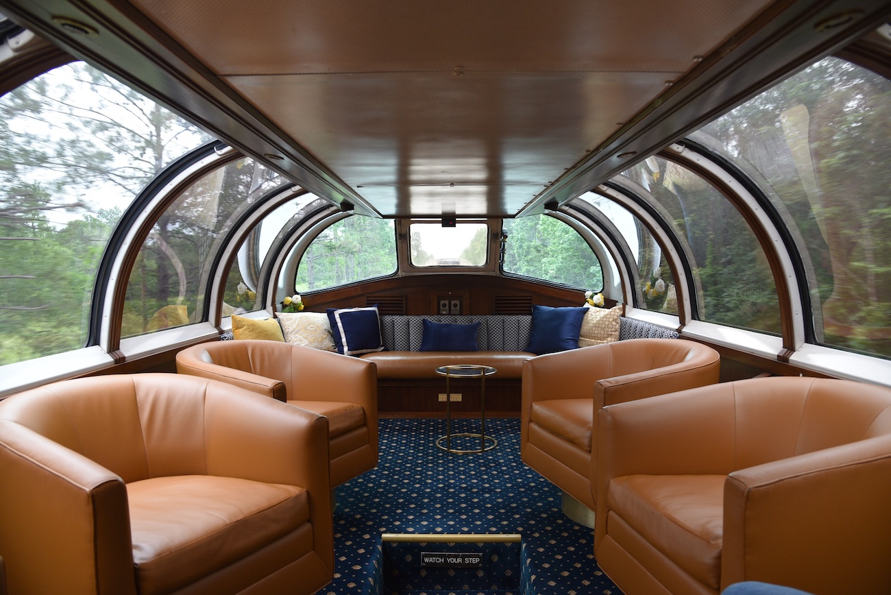 inside a private train car with viewing dome