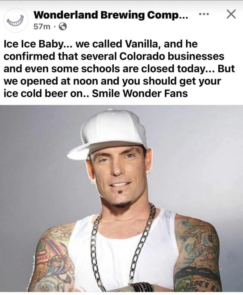 screenshot of a Facebook post with a photo of rapper Vanilla Ice