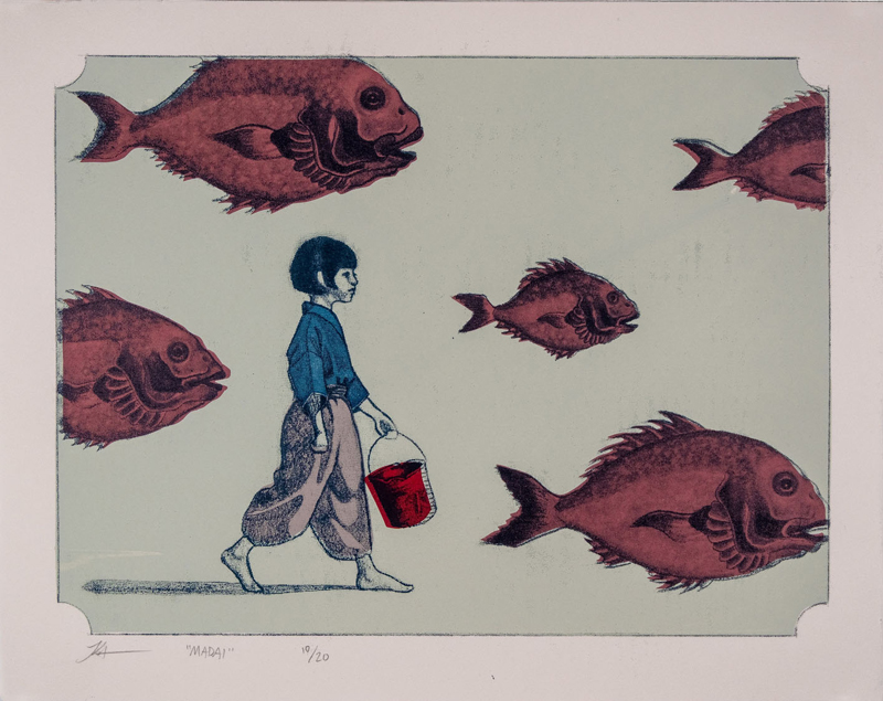 artwork of a person walking and fish swimming