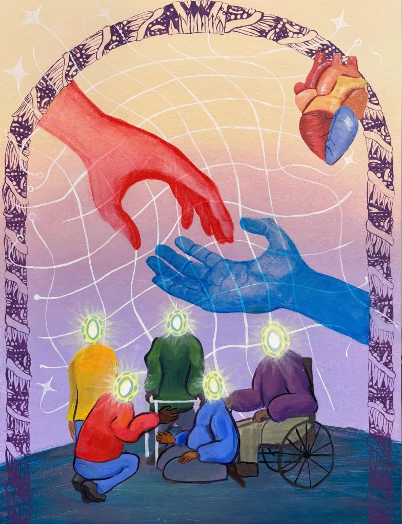 a colorful artwork of people, hands and a heart