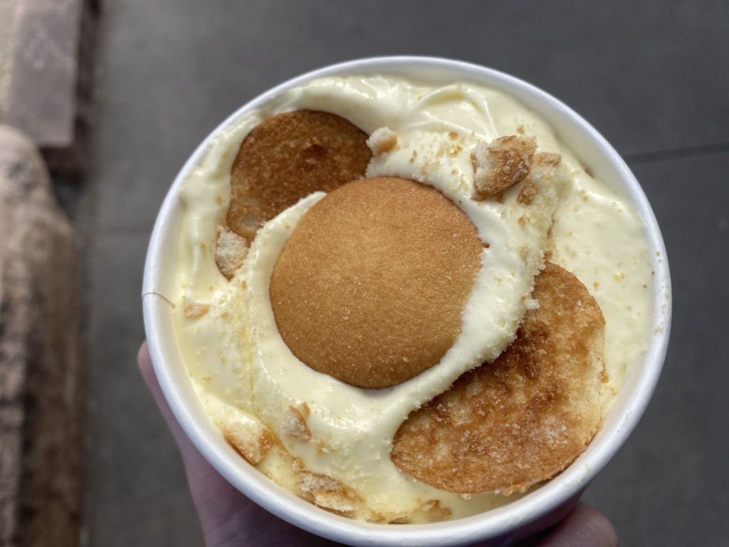 A cup of banana pudding with Nilla Wafers.