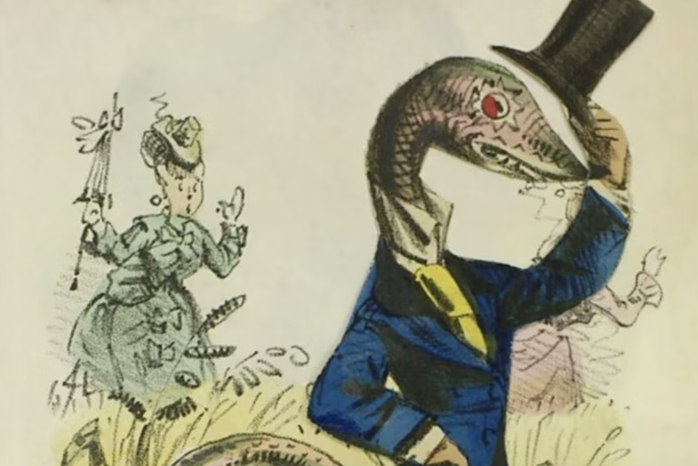 A woman turns down a dapper ‘snake’ in a ‘vinegar valentine’ from the 1870s.