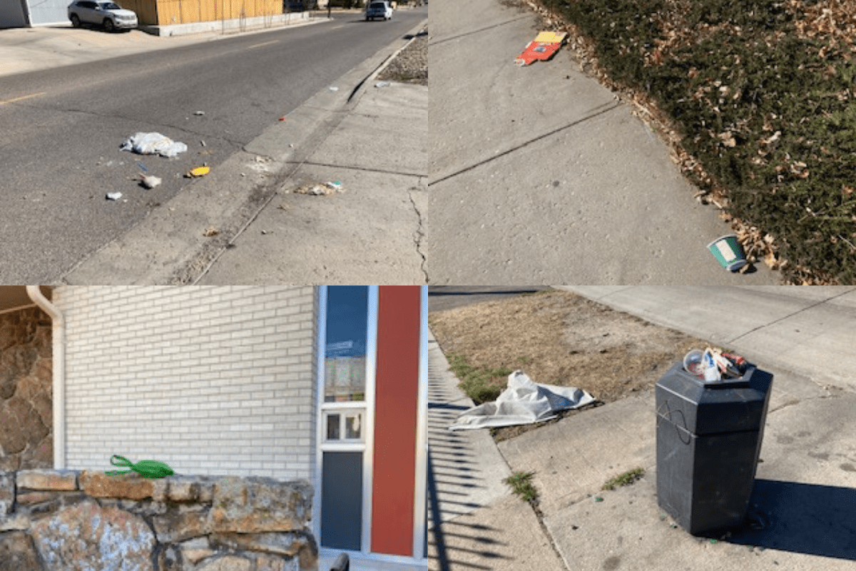 four scenes of trash on the streets of Denver