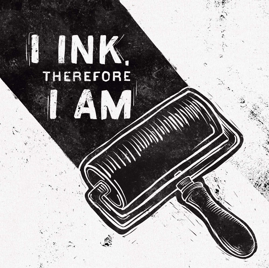 The cover of the March 5, 2026 Westword about Mo'Print, featuring a print-style artwork of an ink roller revealing the words "I Ink, Therefore I Am"