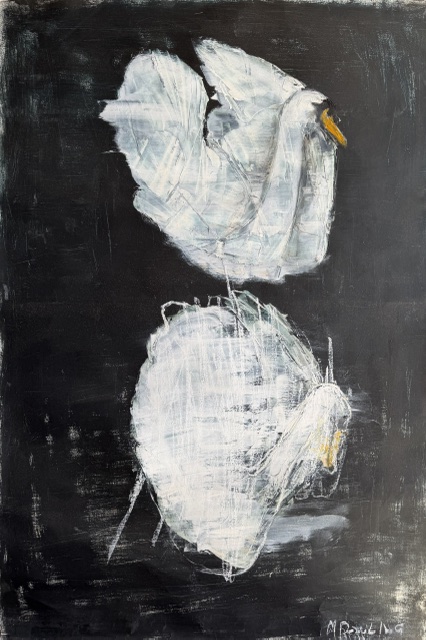 A painting of two swans in black water, one of the swans is scribbled out