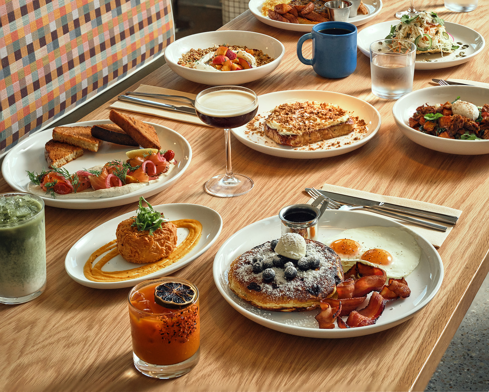 various brunch dishes on a table