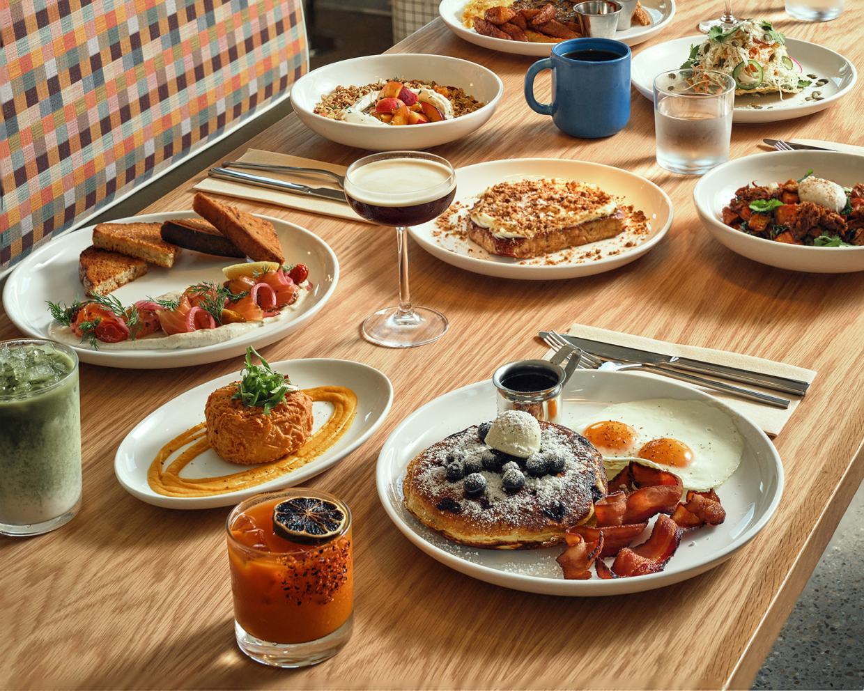 various brunch dishes on a table