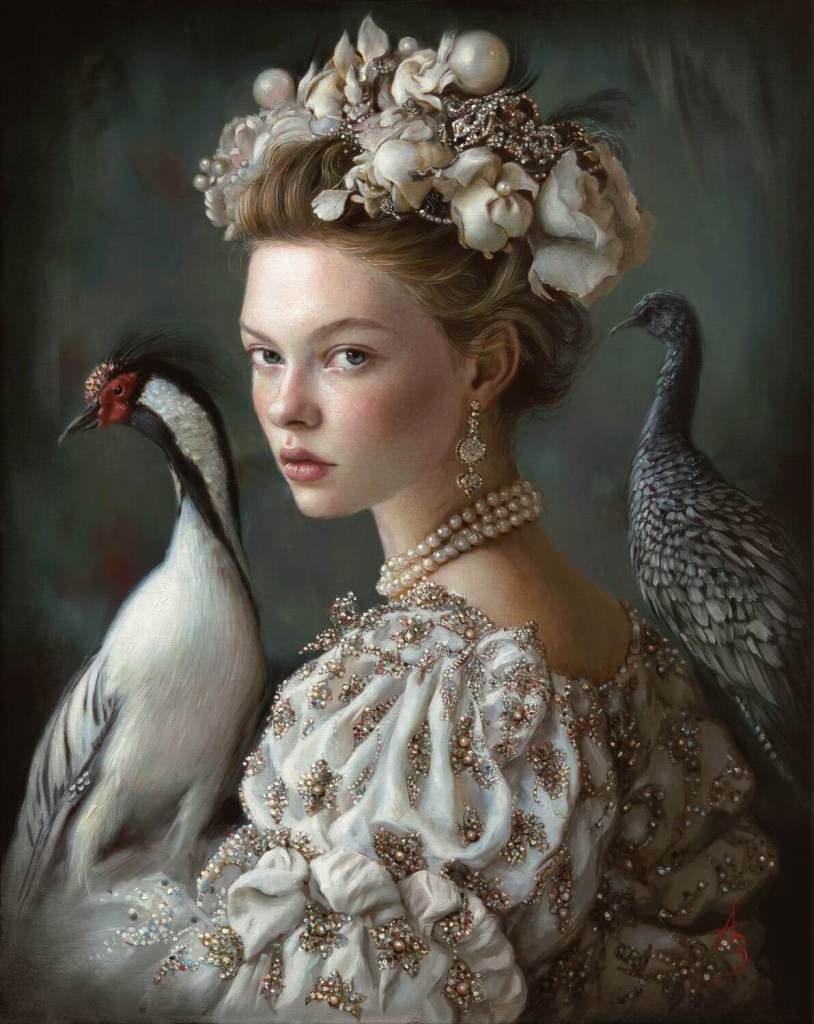 A painting of a girl with birds