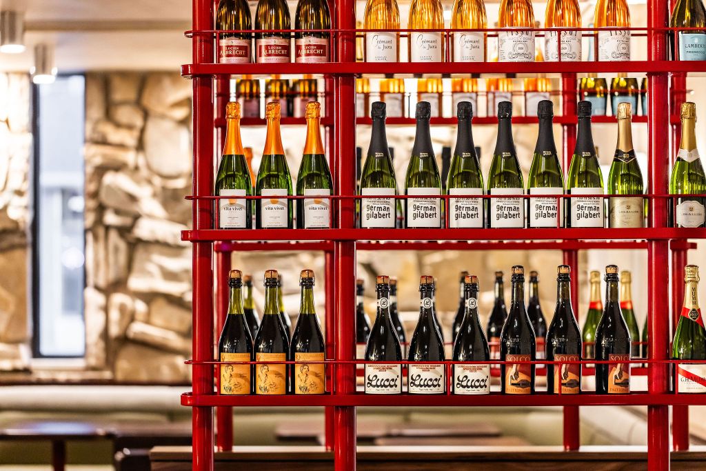 wine bottles on shelves