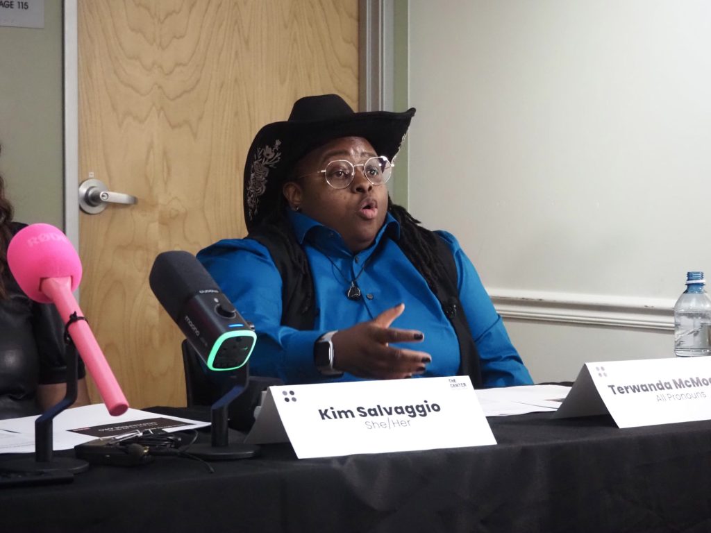 Community groups coordinator Terwanda McMoore speaks during the press conference.