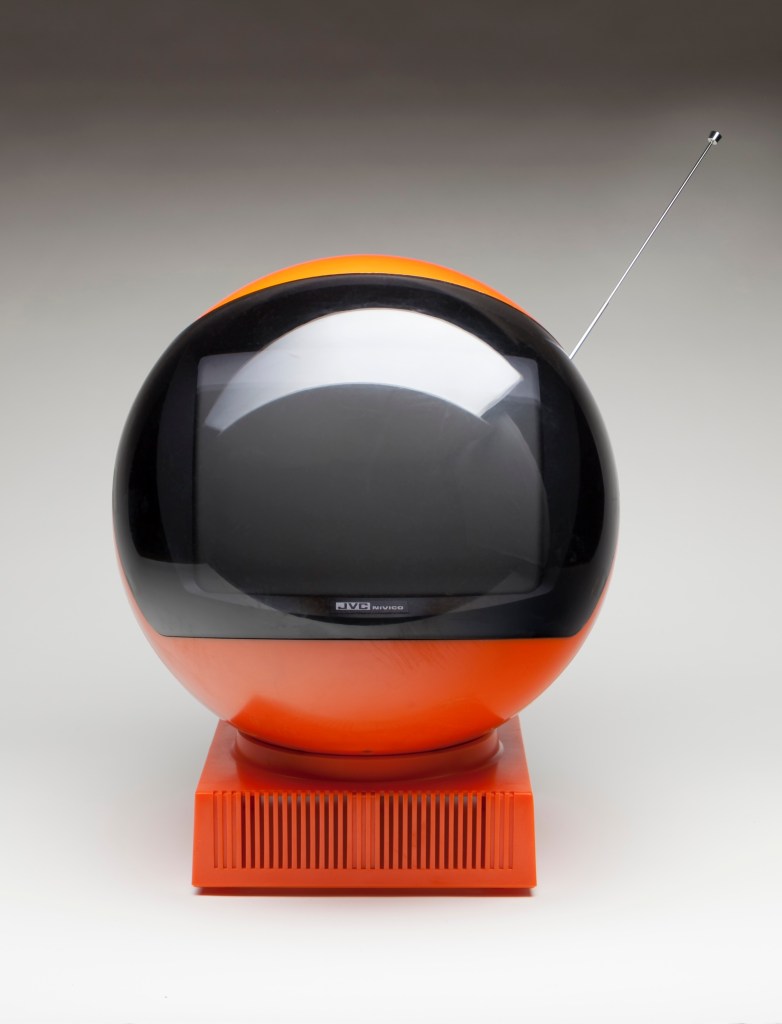 An orange space helmet TV