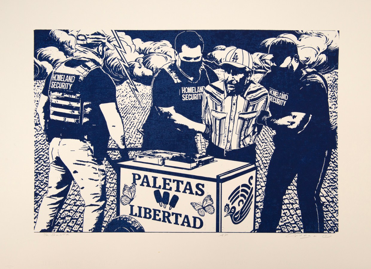 Tony Ortega's "Ya Basta" depicts a paletas seller being taken by ICE.