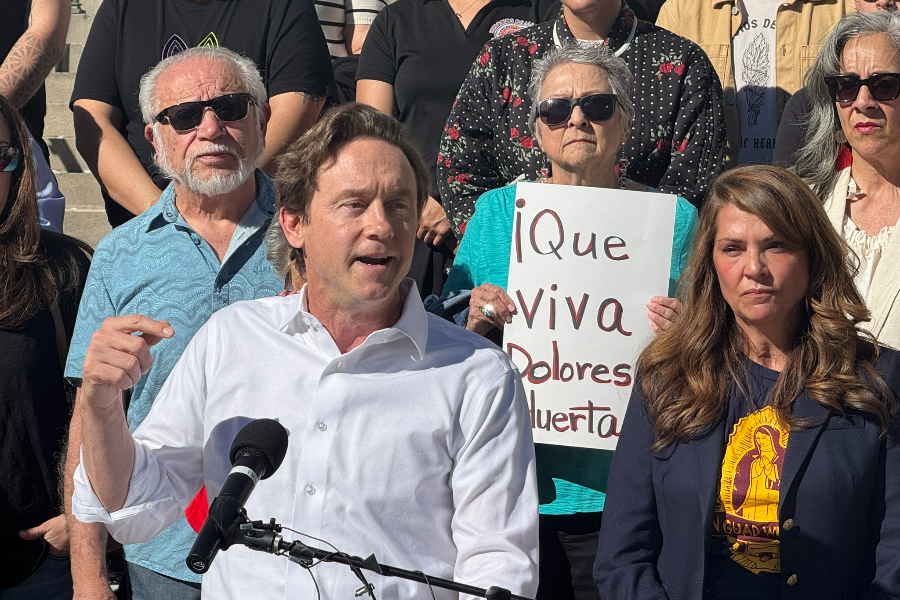 Mayor Mike Johnston speaks at press conference concerning the renaming of Cesar Chavez Day and park in Denver.