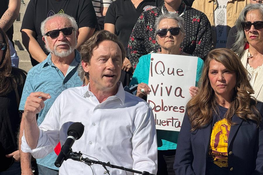 Mayor Mike Johnston speaks at press conference concerning the renaming of Cesar Chavez Day and park in Denver.