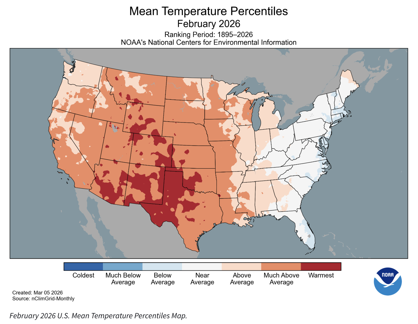 mean temperatures in the United States, February 2026