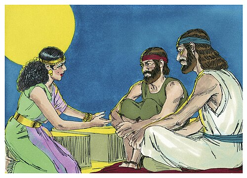 biblical figures, a woman and two men with sun in background