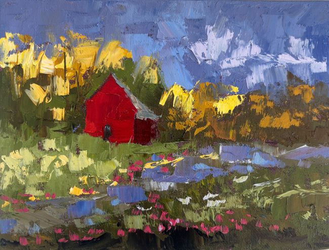 An oil painting of a red barn