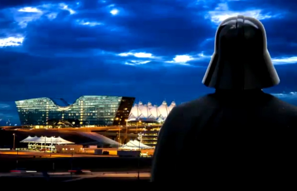 The Dark Lord of the Sith sees the municipal airport squatting in the distance on the pitted surface of the strange planet...and smiles.