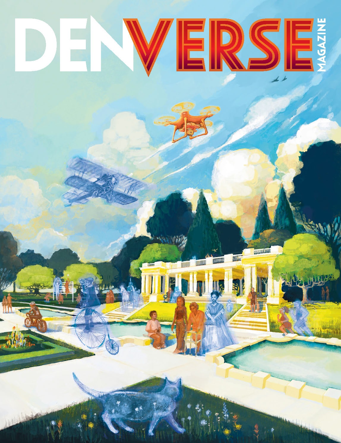 The cover of Denverse Magazine's spring 2026 issue, showing the Cheesman Park pavilion with people, and ghosts, on the lawn in front. A drone and a ghost plave fly overhead.