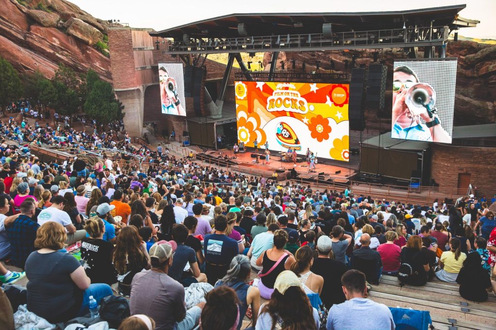 A crowd gathers for Film on the Rocks