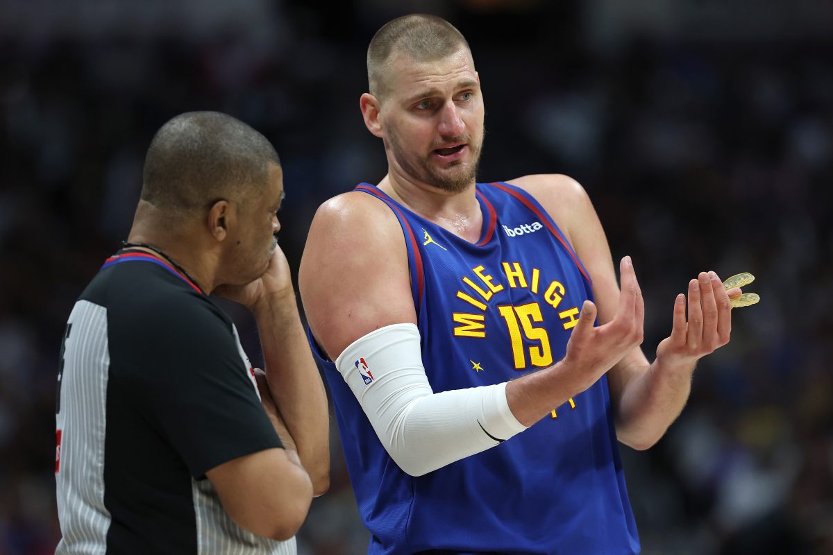 Nuggets center Nikola Jokic argues a call with referee Tony Brothers during game two against the timberwolves