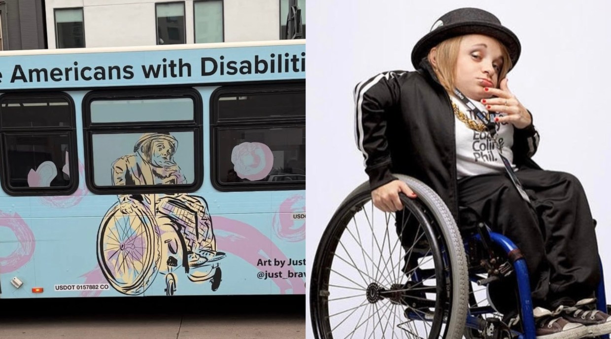 A side-by-side image of a drawing of Heffernan on a bus and a photo of Heffernan the drawing is based off of.