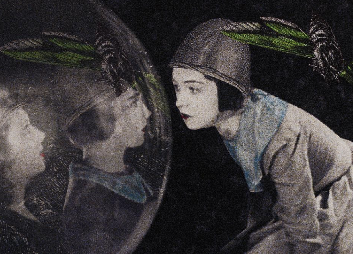 A painting of a person looking into a sphere
